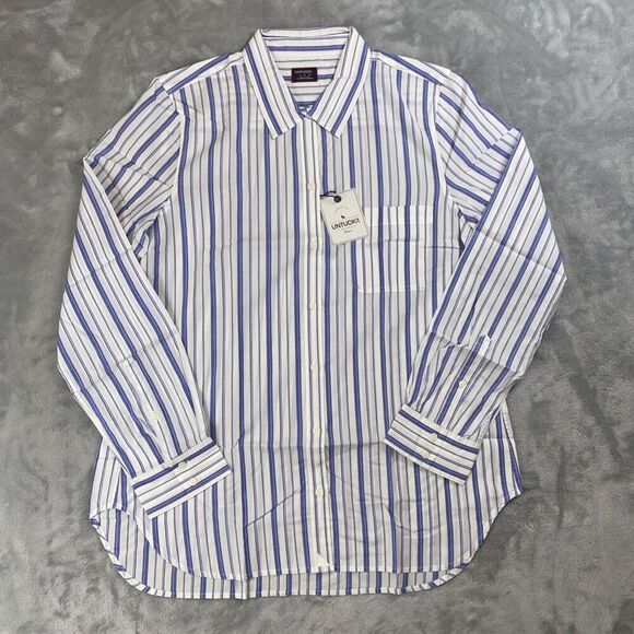 Untuckit Sz 12 Shirt Womens Blue White Stripe Pinot Perse Button Up Long Sl NWT - Picture 1 of 7